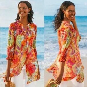 Soft Surroundings Paisley Park Tunic Colorful Long Line Blouse Button Down Sheer